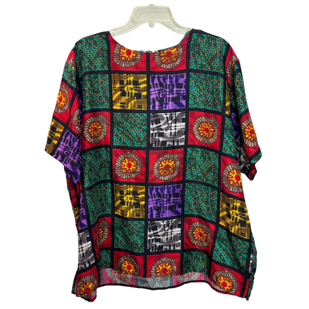 Vintage 90s‎ Womens 1X Silk Top Colorful Geometric Block Print Short Sleeve Bold